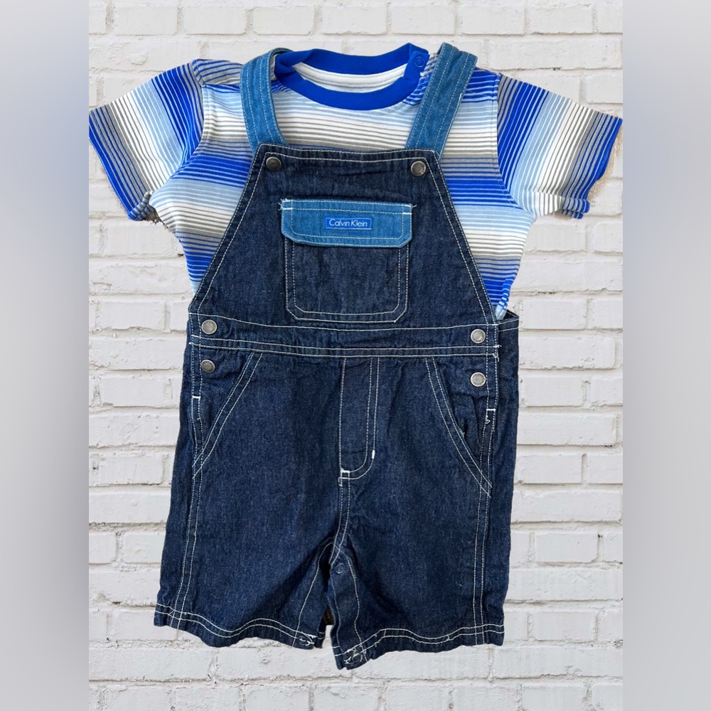 Calvin Klein Boys Jean Overalls and Blue Striped Shirt, 24 months